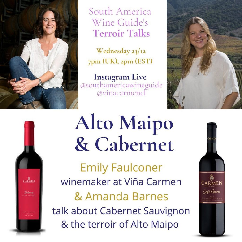 Emily Faulconer winemaker at Viña Carmen discusses Alto Maipo Cabernet Sauvignon with Amanda Barnes of South America Wine Guide