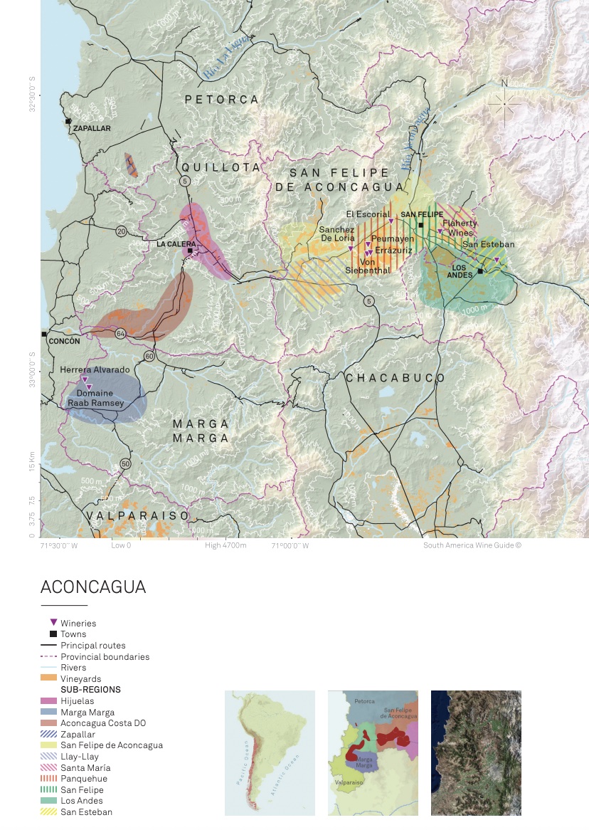 Chile wine maps, Chile Aconcagua wine region map. South America Wine Guide
