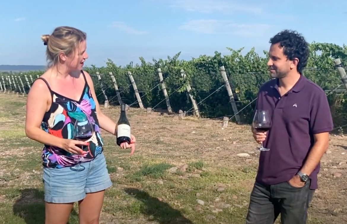 Amanda Barnes and winemaker Pablo Murgia taste Bodega Argento's single vineyard Cabernet Franc